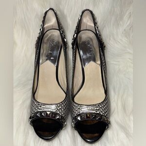 Michael Kors Ella Leather Peep Toe High Heel Pumps Black Snake Studded Size 9.5M